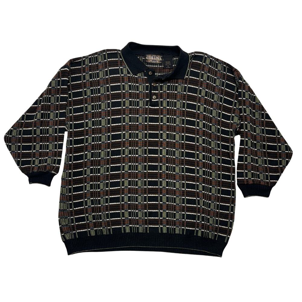 Vintage Geometric Polo Sweater Mens XL Made in Italy Multicolor Knit Cat Eye